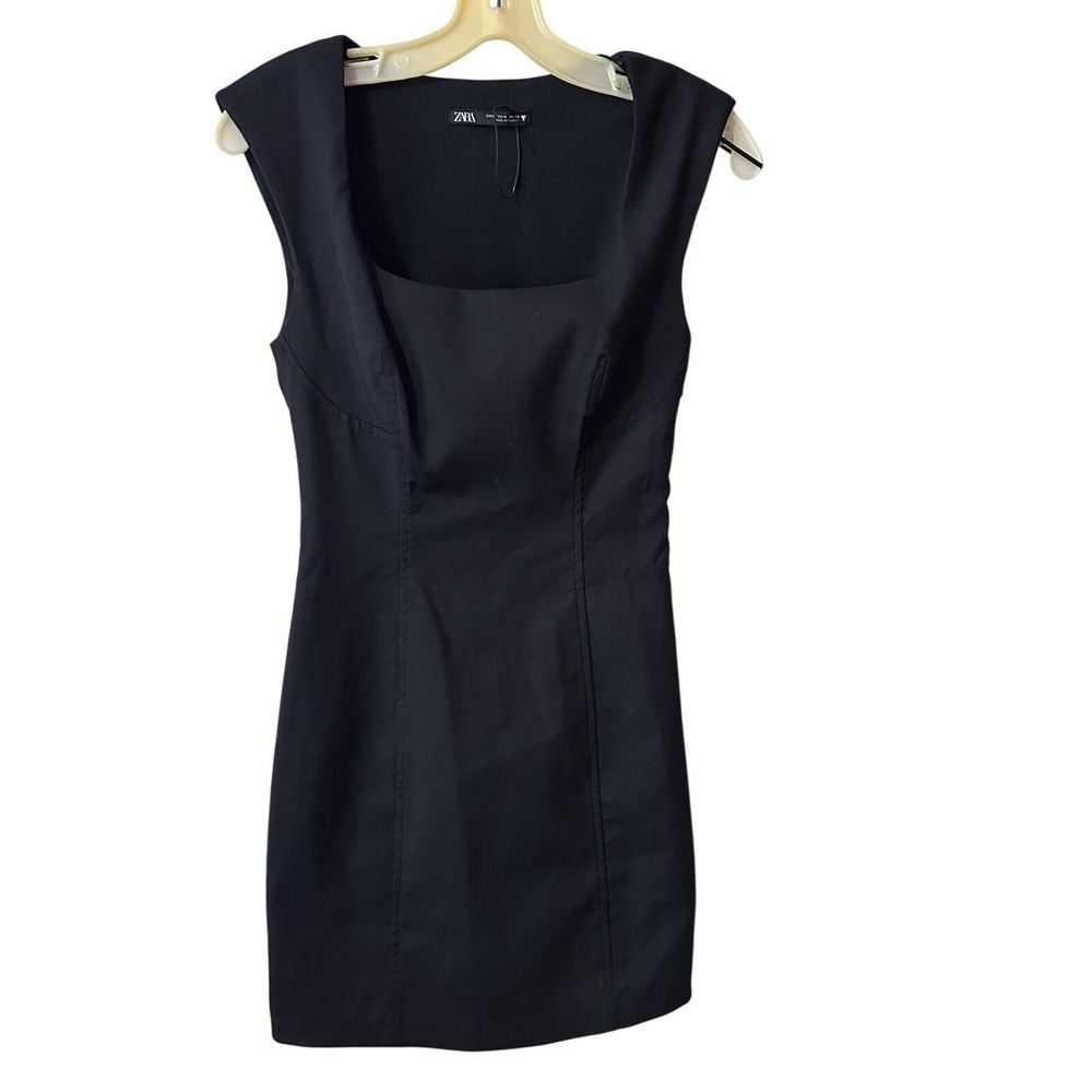 Zara Dress Small Black Square Neck Structured Mini Bodycon Cap Sleeve LBD - Picture 3 of 6